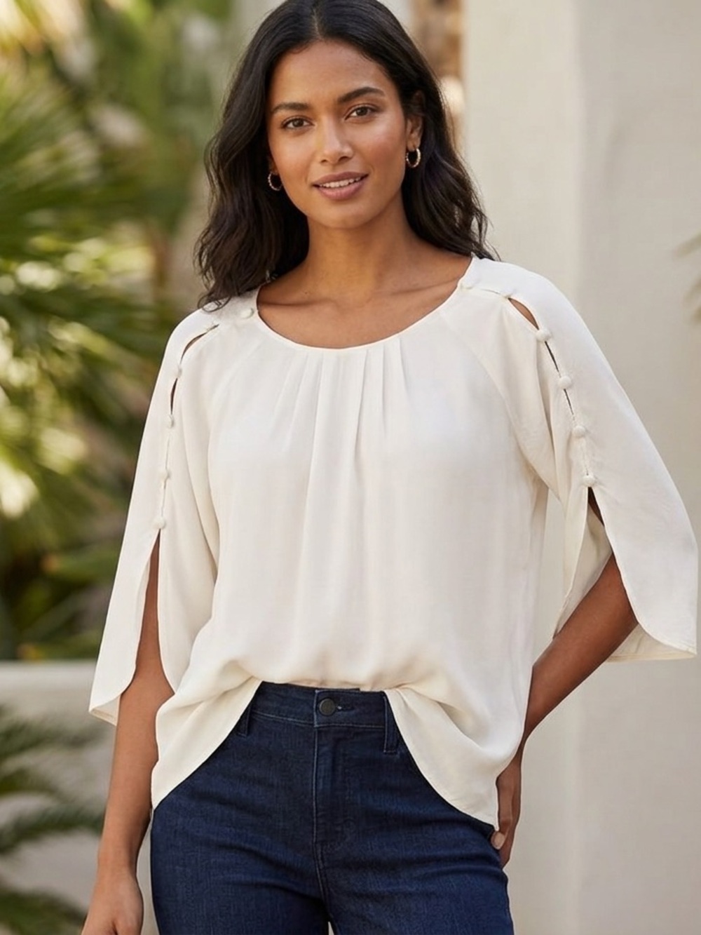 Anthropologie Maeve Cream Blouse with Flowing Sleeves